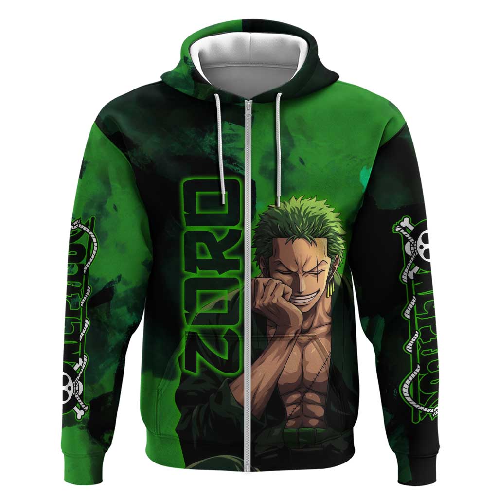 Zoro One Piece Green Theme Hoodie with Swordsman Pose and Three Sword Style Design - The Mazicc