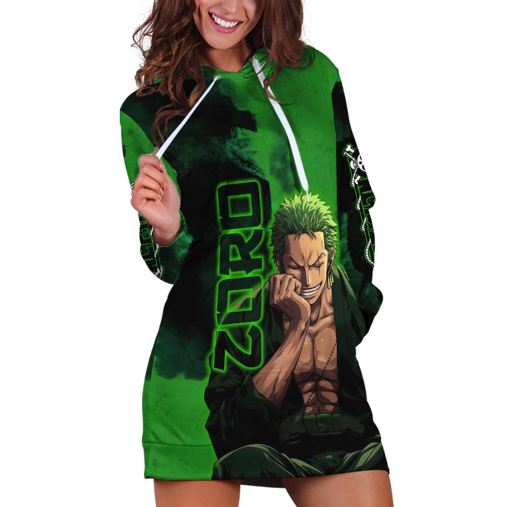 Zoro One Piece Green Theme Hoodie Dress with Swordsman Pose and Three Sword Style Design - The Mazicc