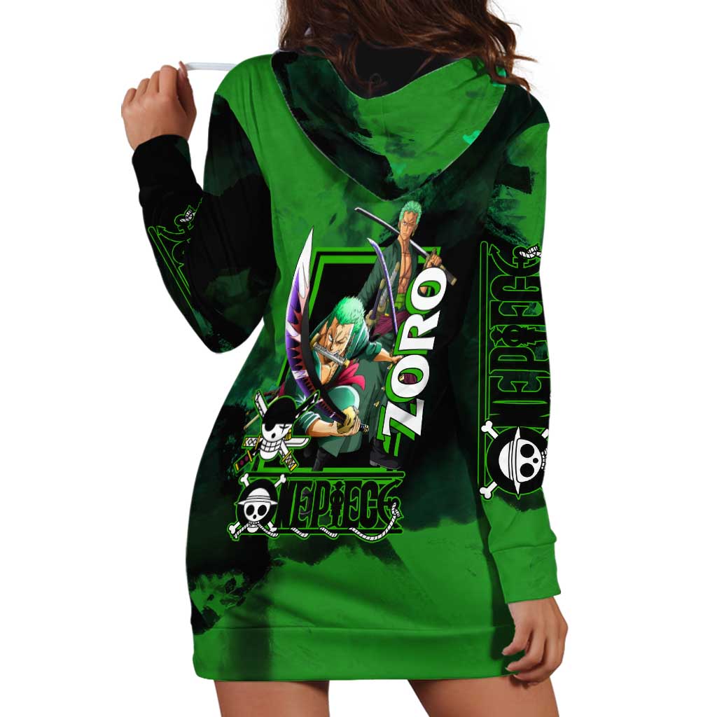 Zoro One Piece Green Theme Hoodie Dress with Swordsman Pose and Three Sword Style Design - The Mazicc