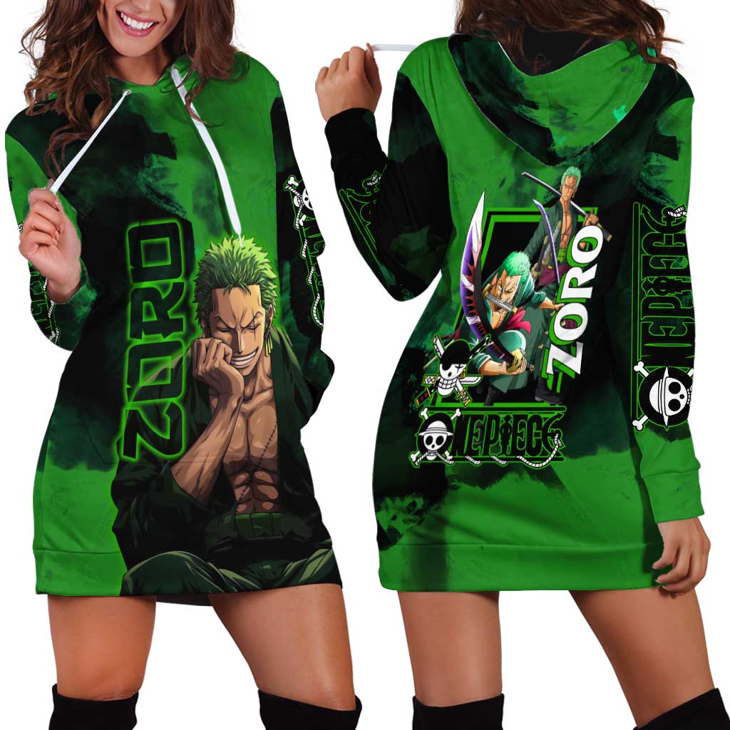 Zoro One Piece Green Theme Hoodie Dress with Swordsman Pose and Three Sword Style Design - The Mazicc