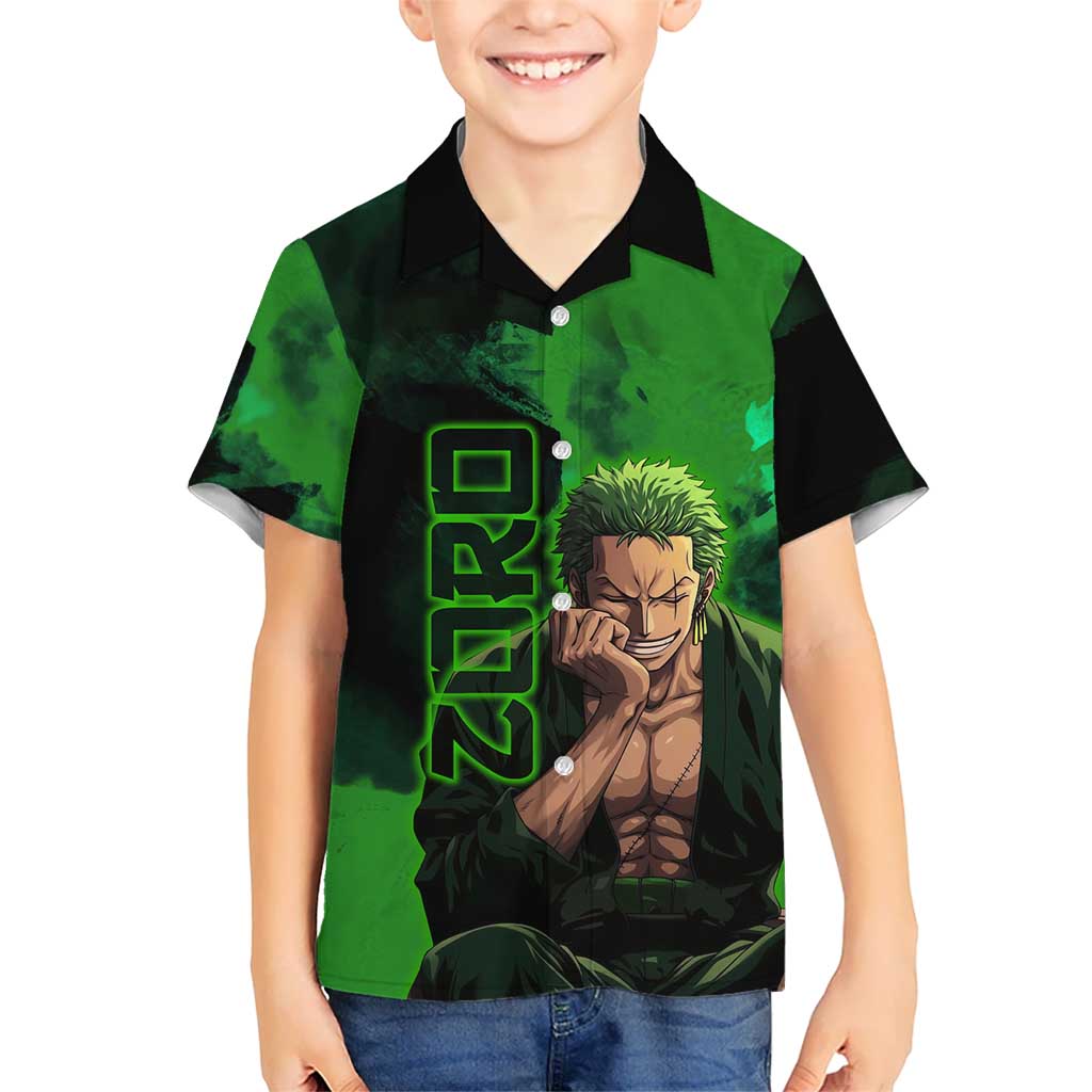 Zoro One Piece Green Theme Kid Hawaiian Shirt with Swordsman Pose and Three Sword Style Design - The Mazicc