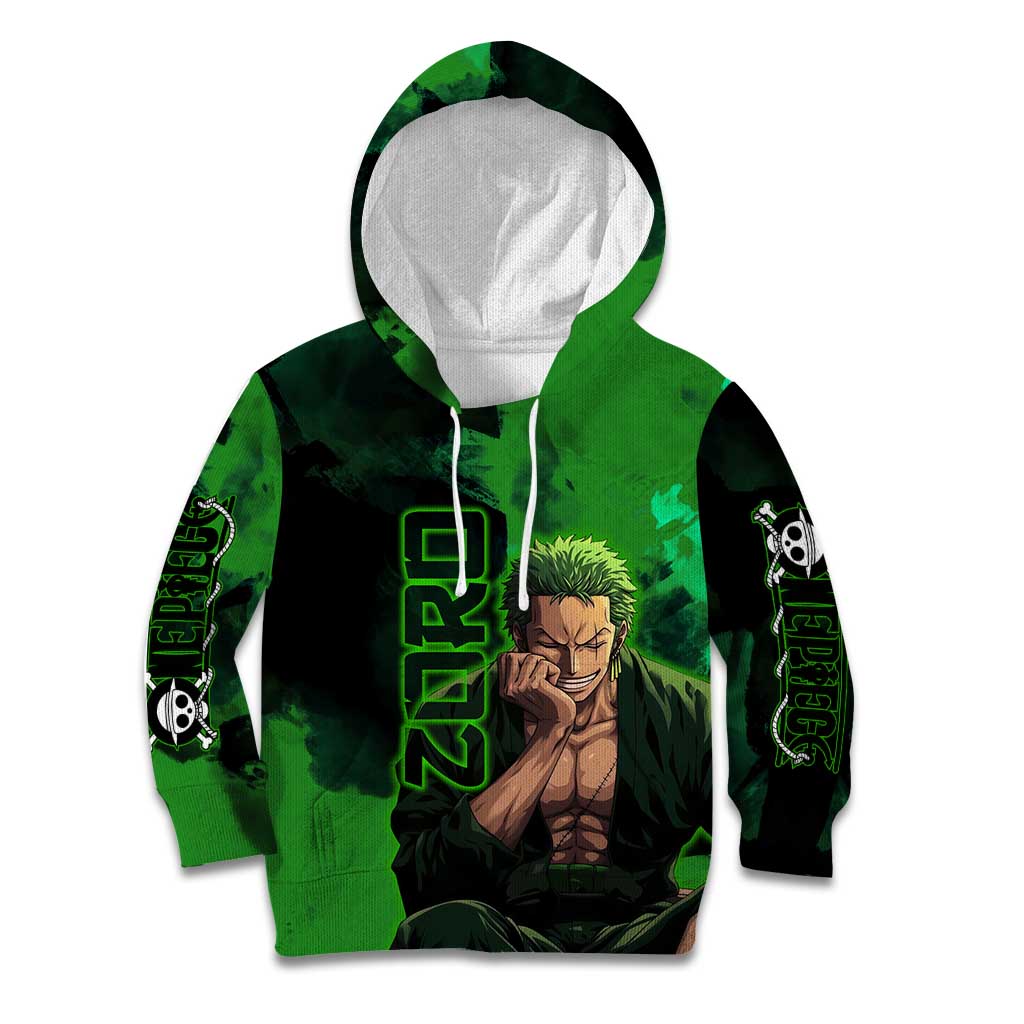 Zoro One Piece Green Theme Kid Hoodie with Swordsman Pose and Three Sword Style Design - The Mazicc