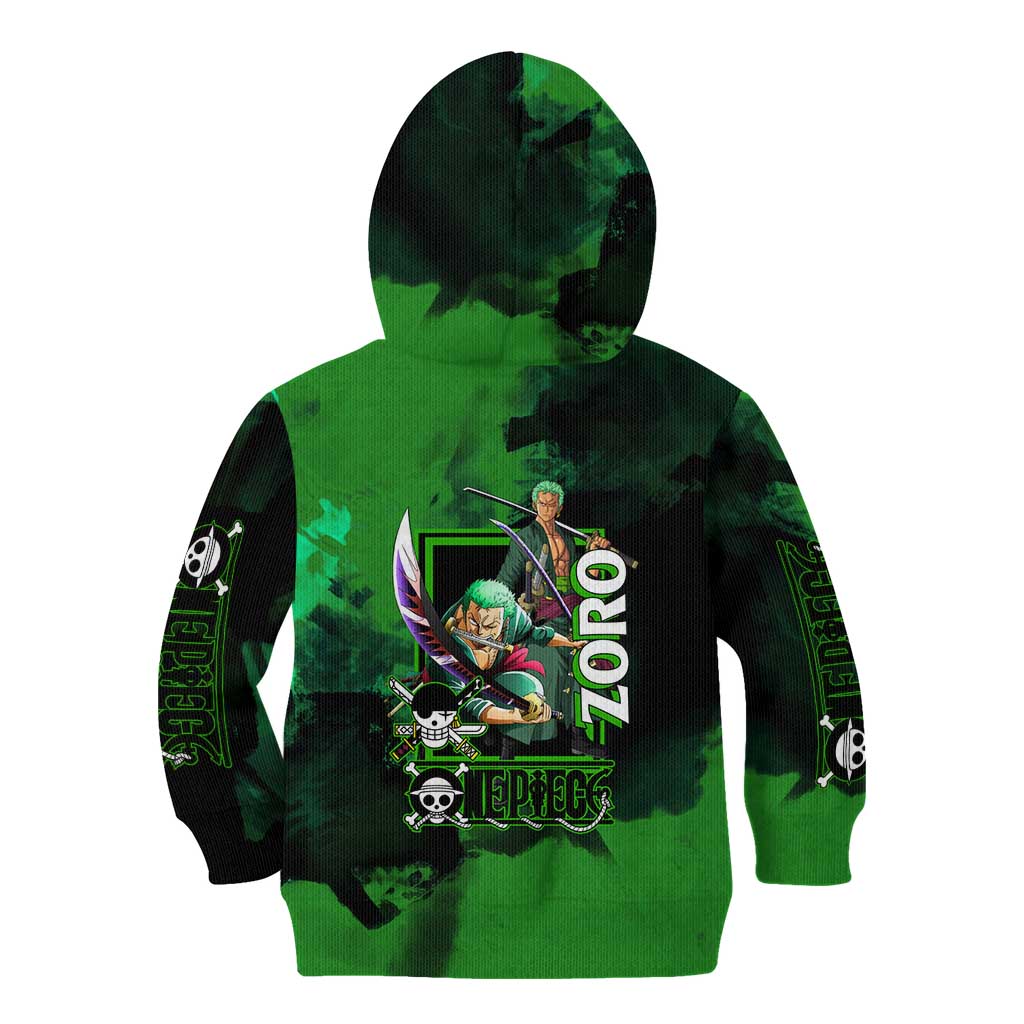 Zoro One Piece Green Theme Kid Hoodie with Swordsman Pose and Three Sword Style Design - The Mazicc