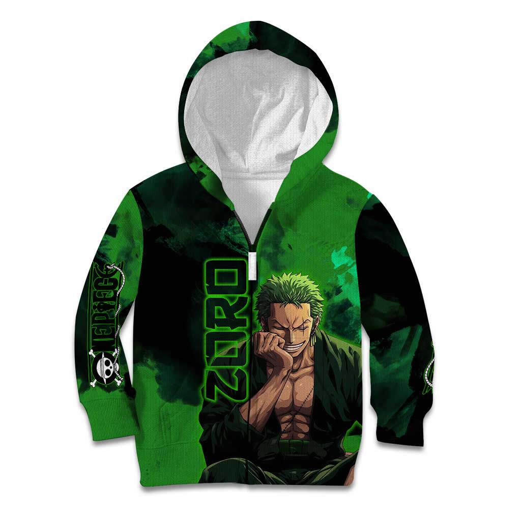 Zoro One Piece Green Theme Kid Hoodie with Swordsman Pose and Three Sword Style Design - The Mazicc