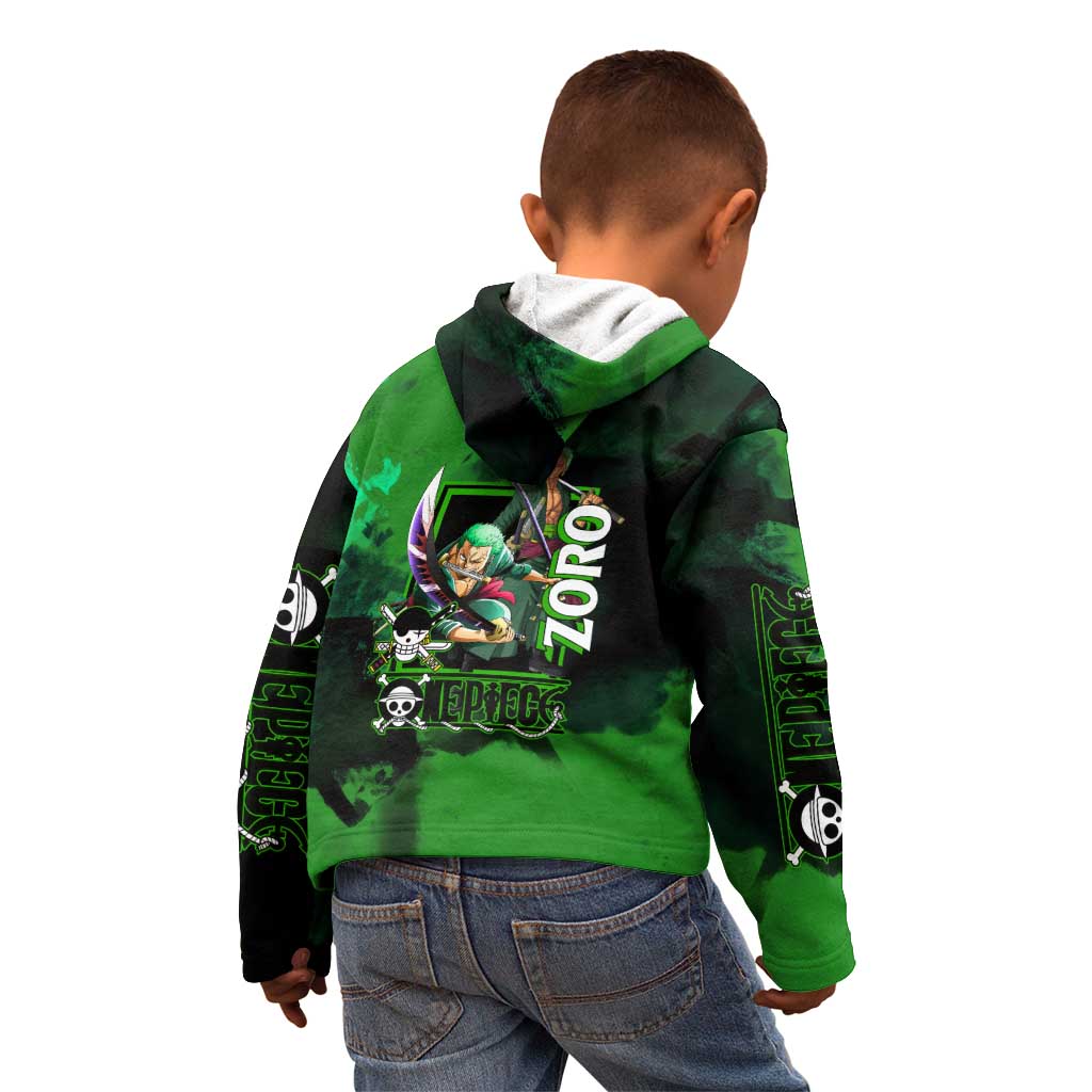 Zoro One Piece Green Theme Kid Hoodie with Swordsman Pose and Three Sword Style Design - The Mazicc