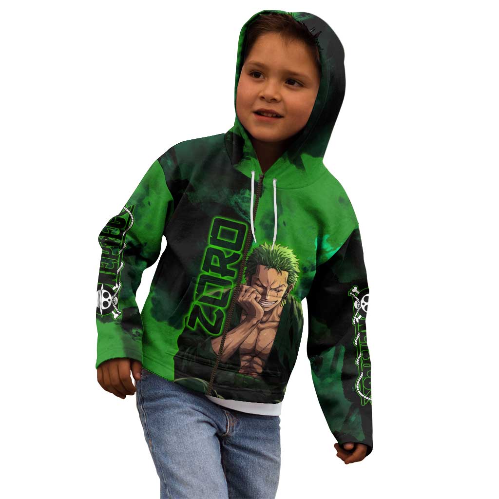 Zoro One Piece Green Theme Kid Hoodie with Swordsman Pose and Three Sword Style Design - The Mazicc