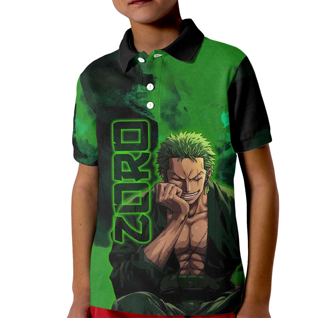 Zoro One Piece Green Theme Kid Polo Shirt with Swordsman Pose and Three Sword Style Design - The Mazicc