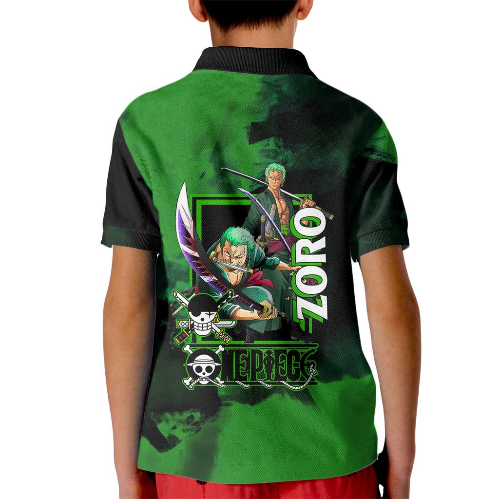 Zoro One Piece Green Theme Kid Polo Shirt with Swordsman Pose and Three Sword Style Design - The Mazicc