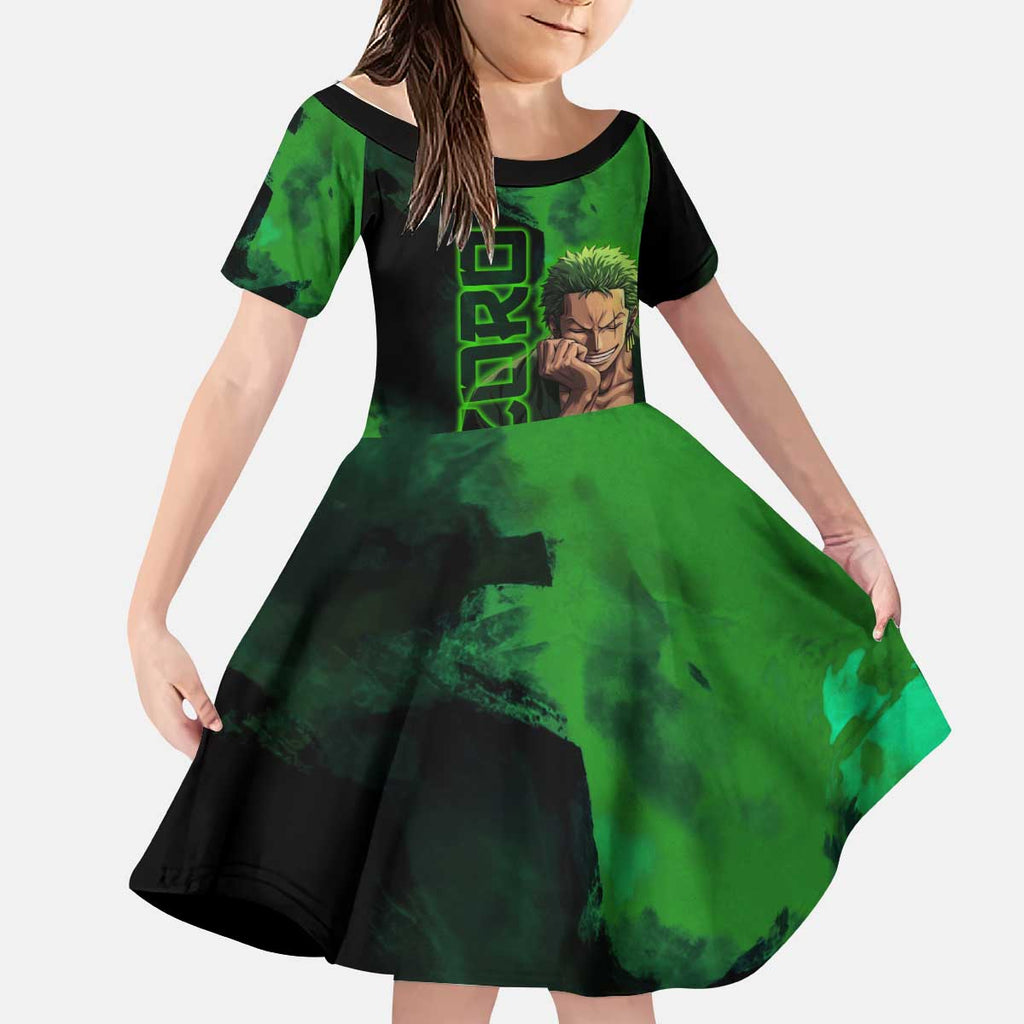 Zoro One Piece Green Theme Kid Short Sleeve Dress with Swordsman Pose and Three Sword Style Design - The Mazicc