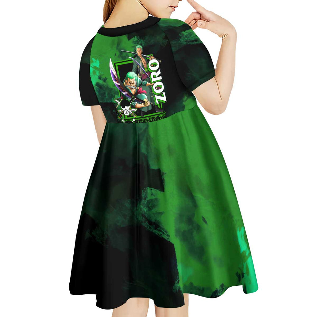 Zoro One Piece Green Theme Kid Short Sleeve Dress with Swordsman Pose and Three Sword Style Design - The Mazicc