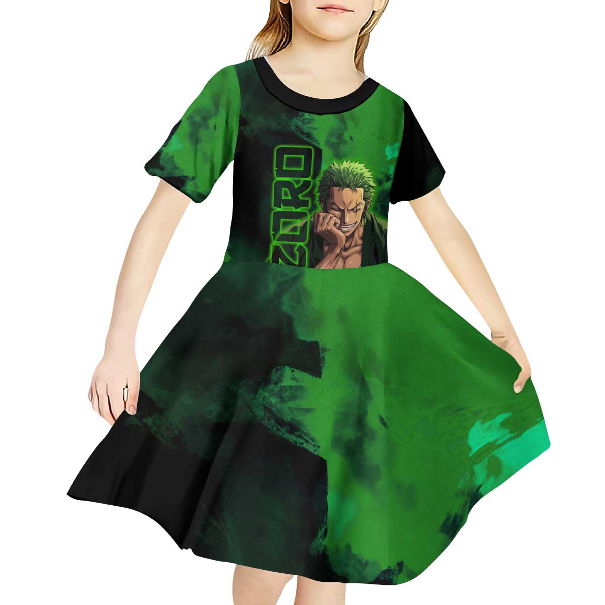 Zoro One Piece Green Theme Kid Short Sleeve Dress with Swordsman Pose and Three Sword Style Design - The Mazicc