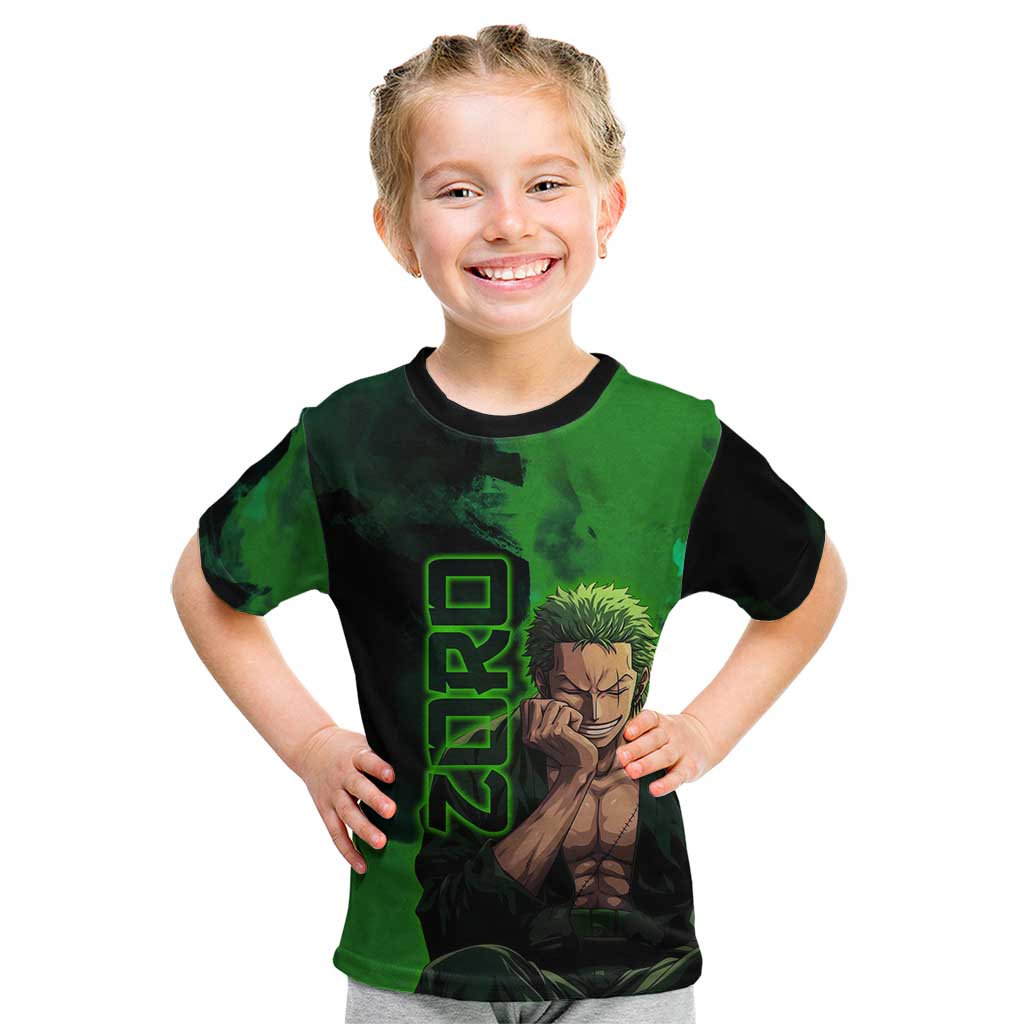 Zoro One Piece Green Theme Kid T Shirt with Swordsman Pose and Three Sword Style Design - The Mazicc