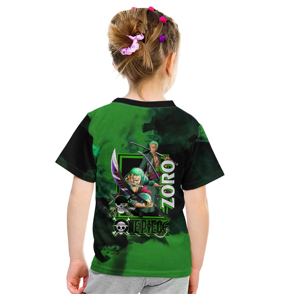 Zoro One Piece Green Theme Kid T Shirt with Swordsman Pose and Three Sword Style Design - The Mazicc