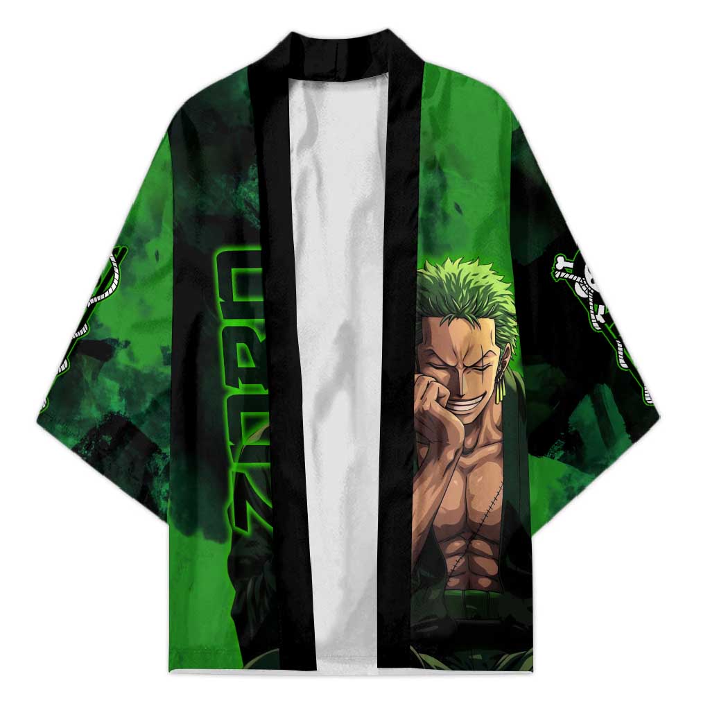 Zoro One Piece Green Theme Kimono with Swordsman Pose and Three Sword Style Design - The Mazicc