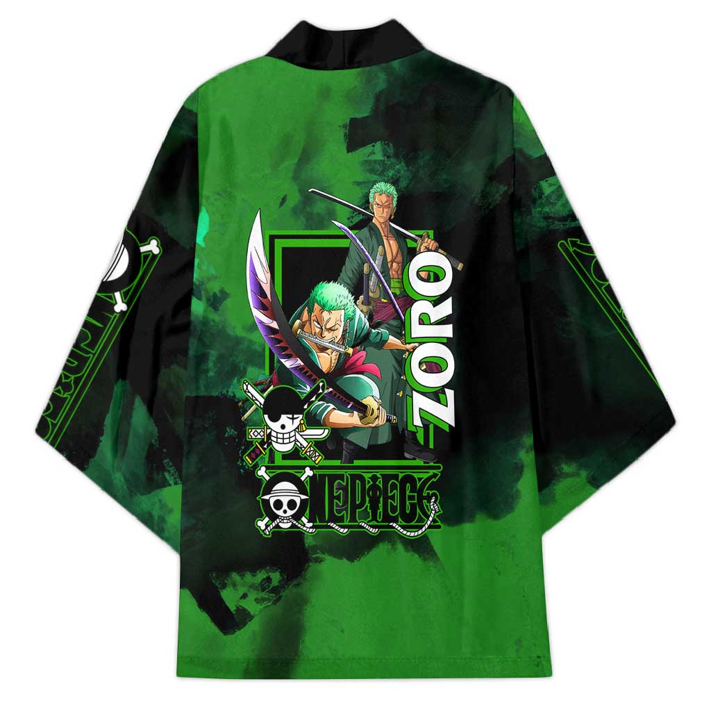 Zoro One Piece Green Theme Kimono with Swordsman Pose and Three Sword Style Design - The Mazicc