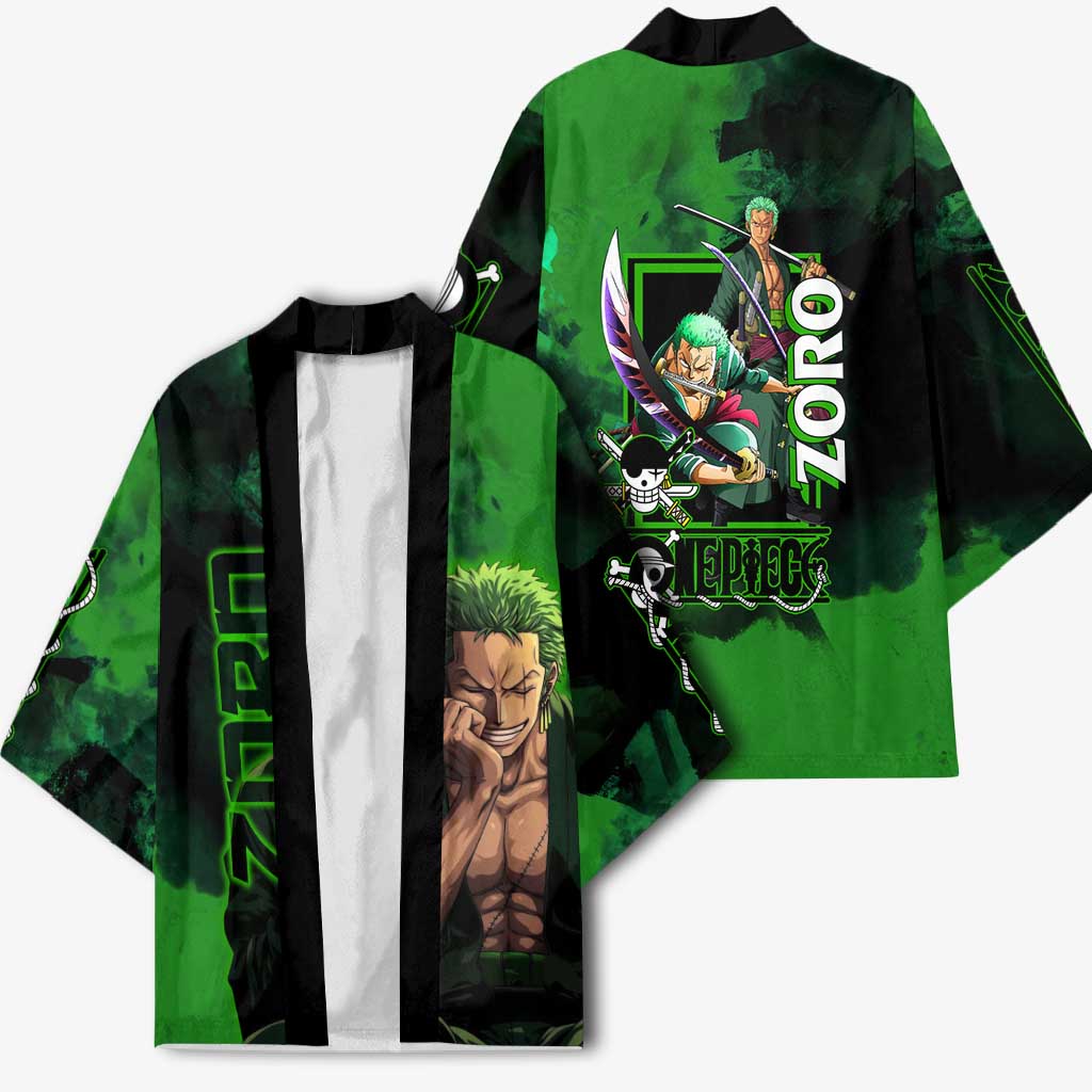 Zoro One Piece Green Theme Kimono with Swordsman Pose and Three Sword Style Design - The Mazicc