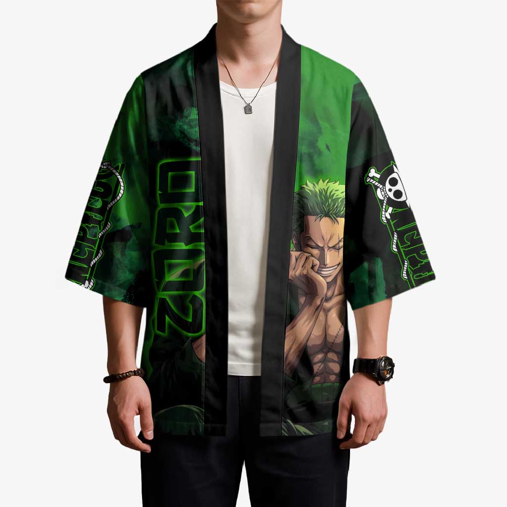 Zoro One Piece Green Theme Kimono with Swordsman Pose and Three Sword Style Design - The Mazicc