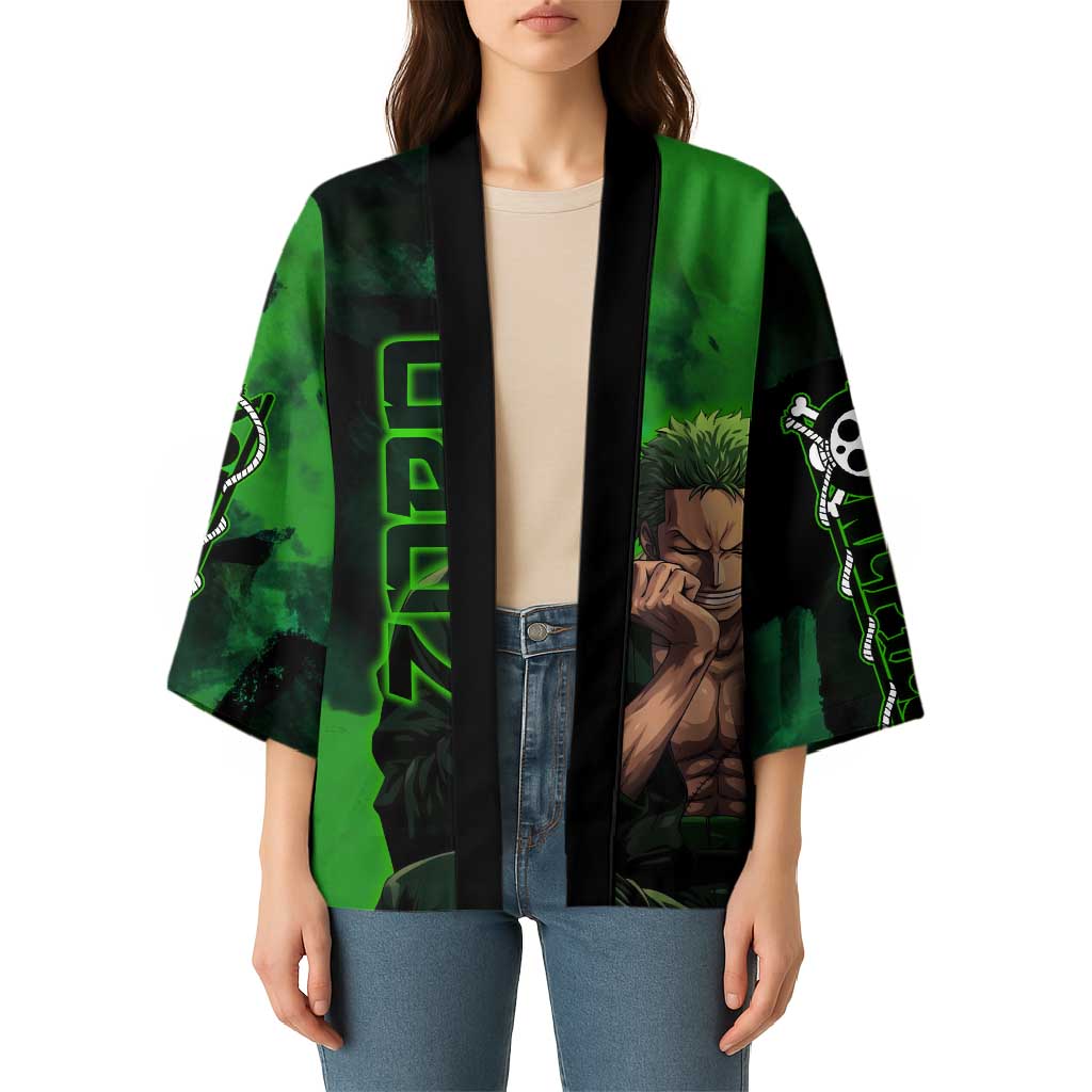 Zoro One Piece Green Theme Kimono with Swordsman Pose and Three Sword Style Design - The Mazicc