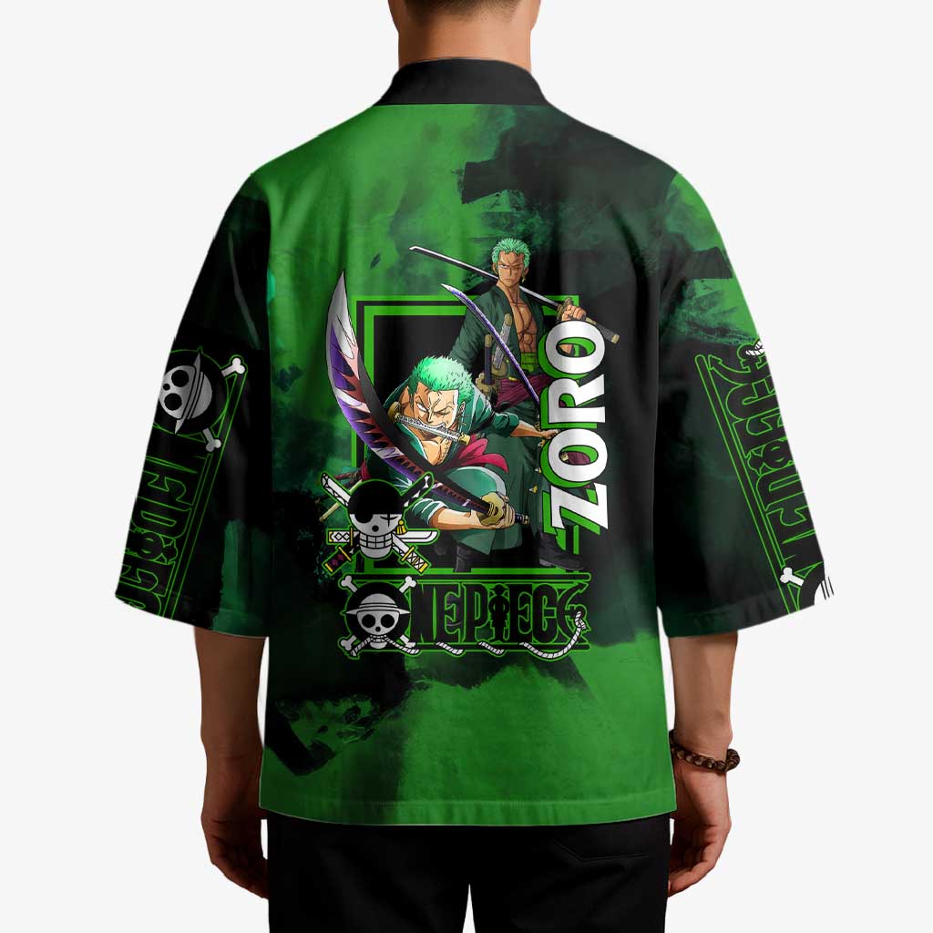 Zoro One Piece Green Theme Kimono with Swordsman Pose and Three Sword Style Design - The Mazicc