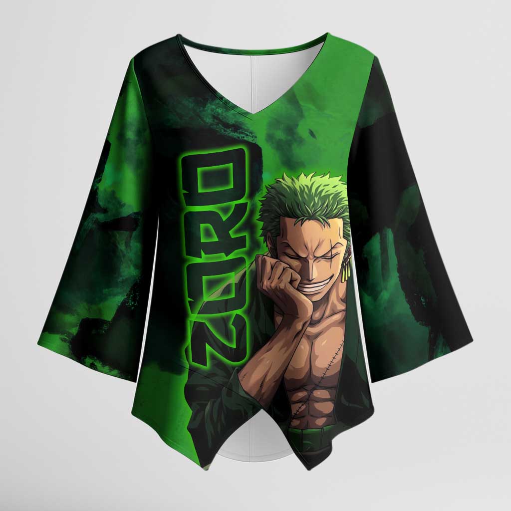 Zoro One Piece Green Theme Kimono Sleeve Blouse with Swordsman Pose and Three Sword Style Design - The Mazicc