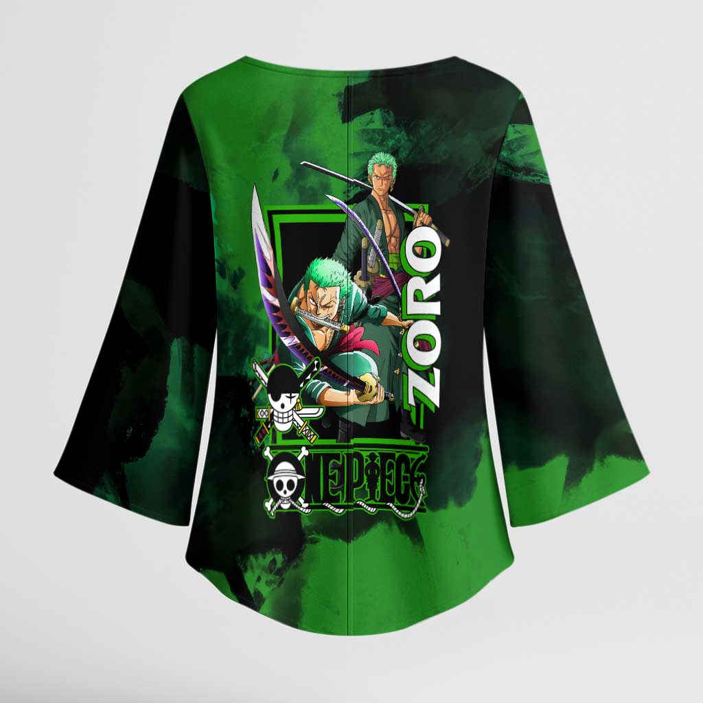 Zoro One Piece Green Theme Kimono Sleeve Blouse with Swordsman Pose and Three Sword Style Design - The Mazicc
