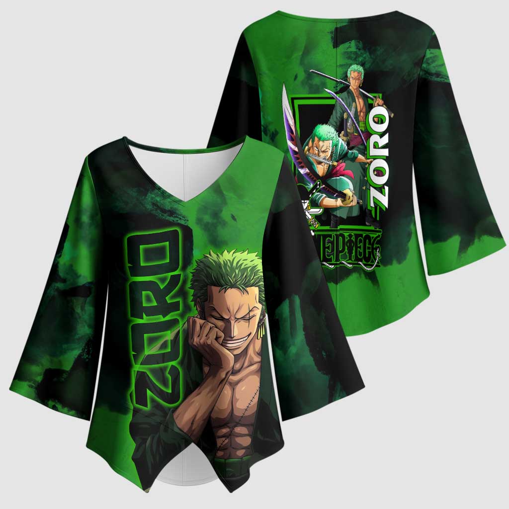 Zoro One Piece Green Theme Kimono Sleeve Blouse with Swordsman Pose and Three Sword Style Design - The Mazicc