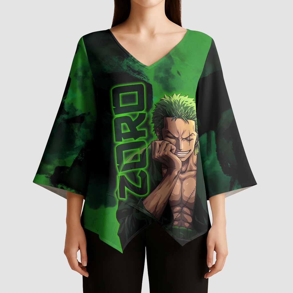 Zoro One Piece Green Theme Kimono Sleeve Blouse with Swordsman Pose and Three Sword Style Design - The Mazicc