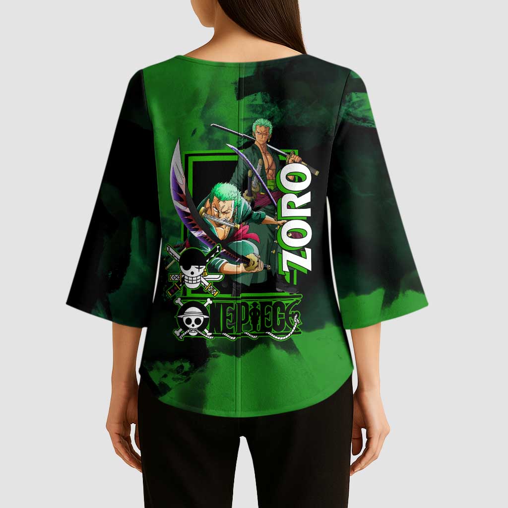 Zoro One Piece Green Theme Kimono Sleeve Blouse with Swordsman Pose and Three Sword Style Design - The Mazicc