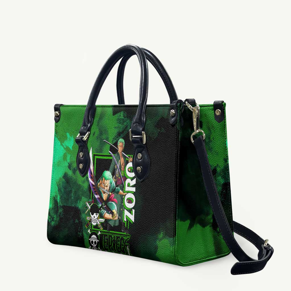 Zoro One Piece Green Theme Leather Bag with Swordsman Pose and Three Sword Style Design - The Mazicc