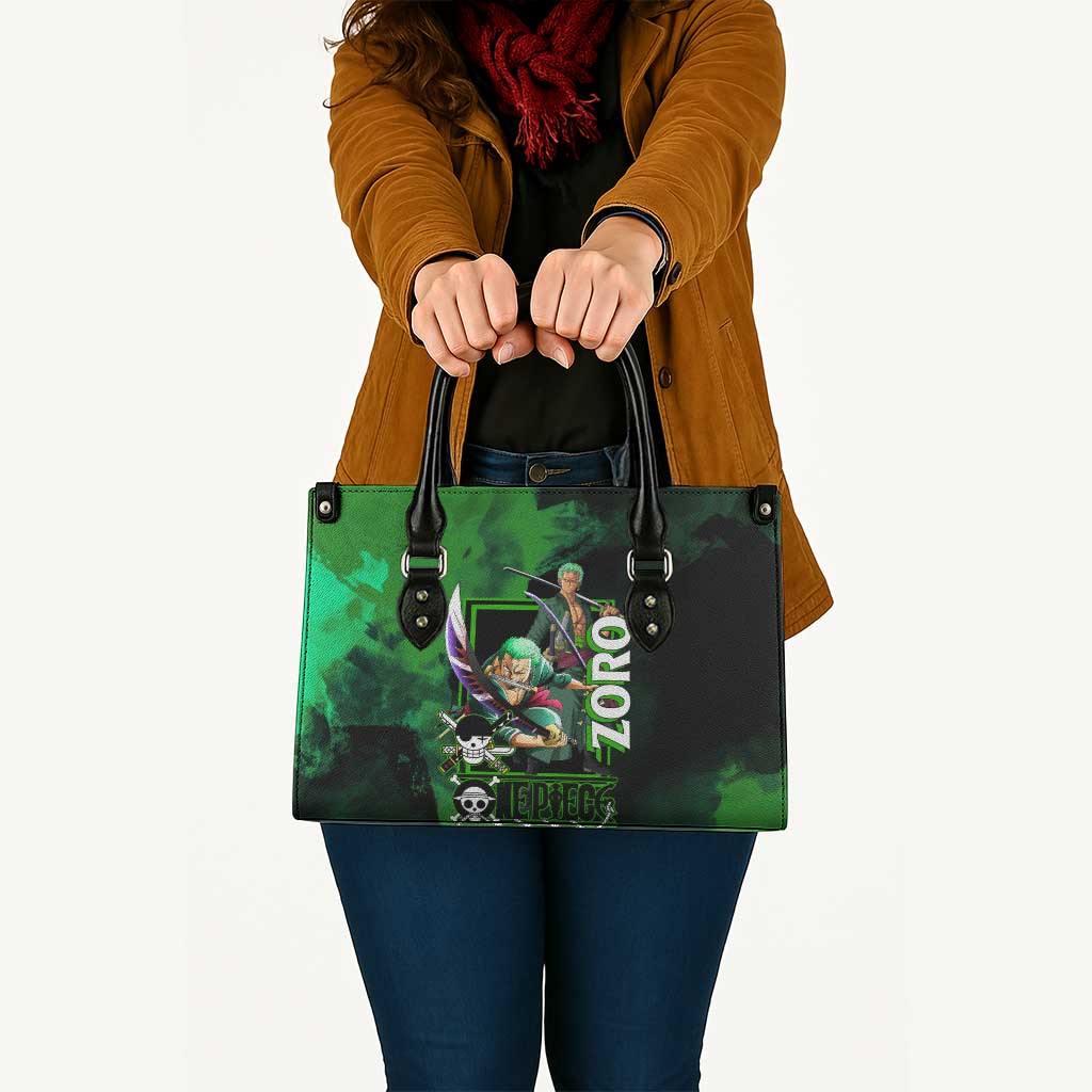 Zoro One Piece Green Theme Leather Bag with Swordsman Pose and Three Sword Style Design - The Mazicc