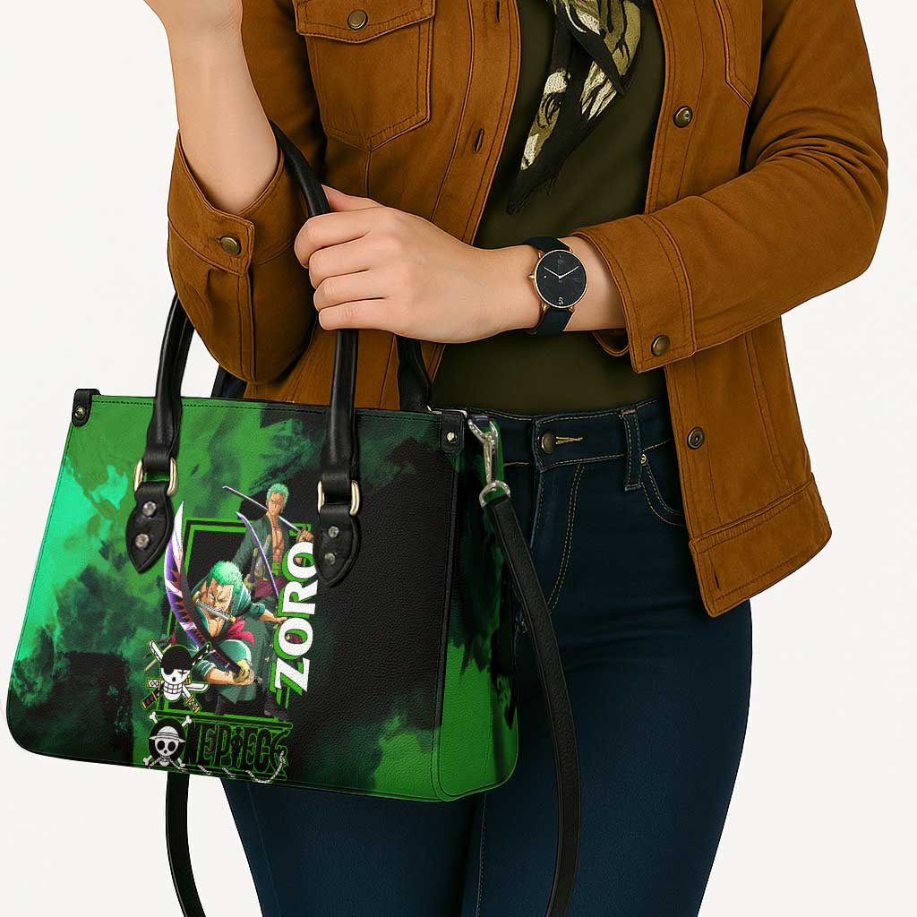 Zoro One Piece Green Theme Leather Bag with Swordsman Pose and Three Sword Style Design - The Mazicc