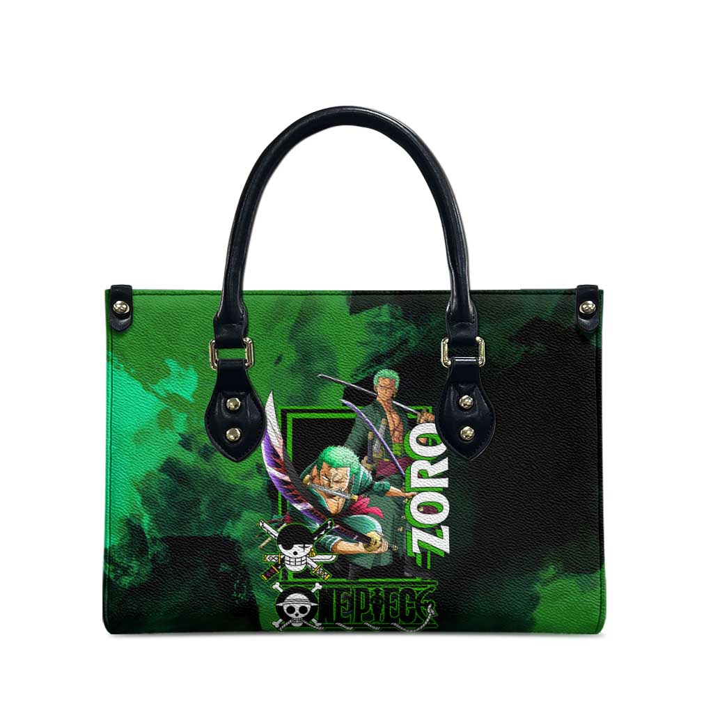 Zoro One Piece Green Theme Leather Bag with Swordsman Pose and Three Sword Style Design - The Mazicc