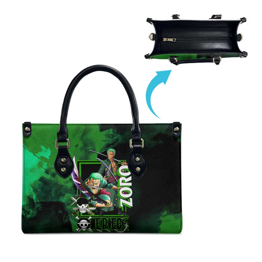 Zoro One Piece Green Theme Leather Bag with Swordsman Pose and Three Sword Style Design - The Mazicc