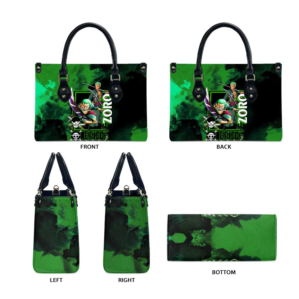 Zoro One Piece Green Theme Leather Bag with Swordsman Pose and Three Sword Style Design - The Mazicc