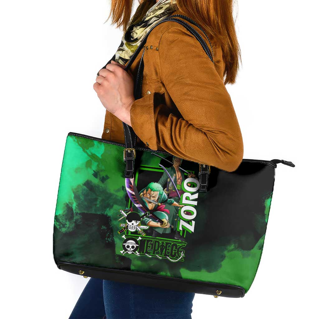 Zoro One Piece Green Theme Leather Tote Bag with Swordsman Pose and Three Sword Style Design - The Mazicc