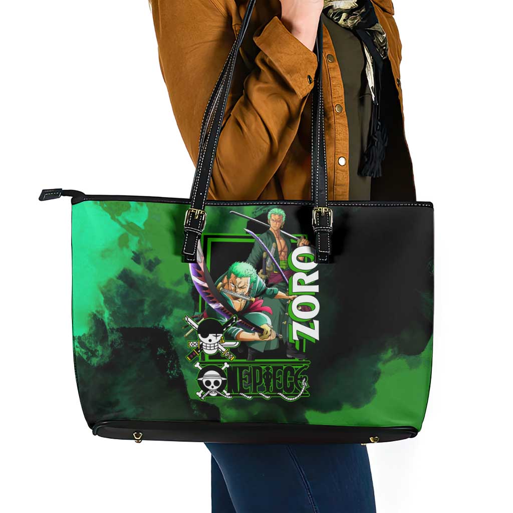 Zoro One Piece Green Theme Leather Tote Bag with Swordsman Pose and Three Sword Style Design - The Mazicc