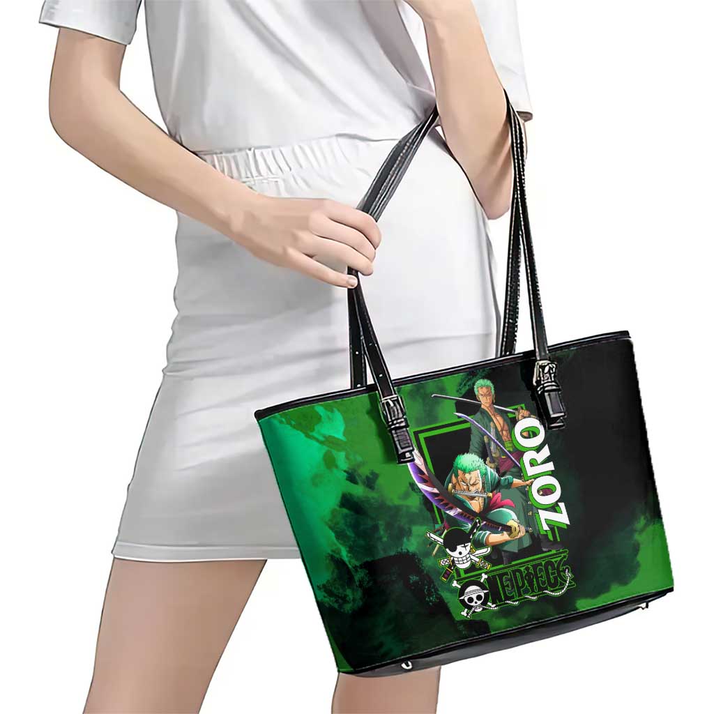 Zoro One Piece Green Theme Leather Tote Bag with Swordsman Pose and Three Sword Style Design - The Mazicc
