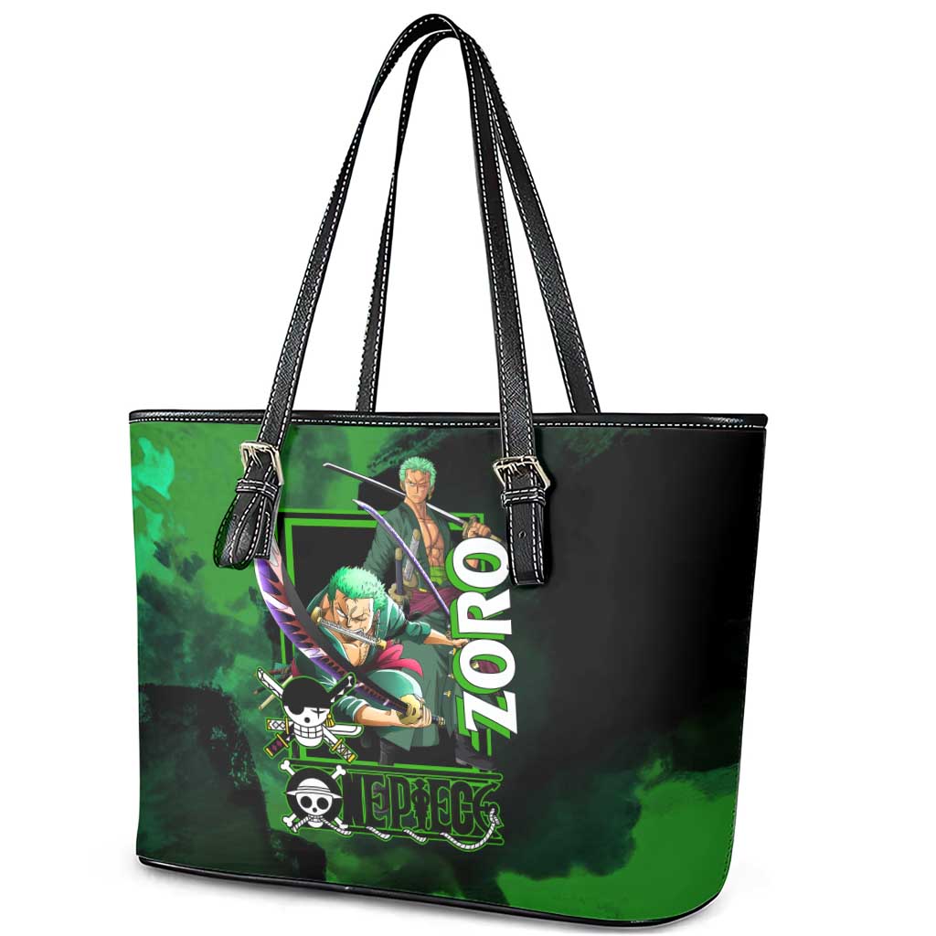 Zoro One Piece Green Theme Leather Tote Bag with Swordsman Pose and Three Sword Style Design - The Mazicc