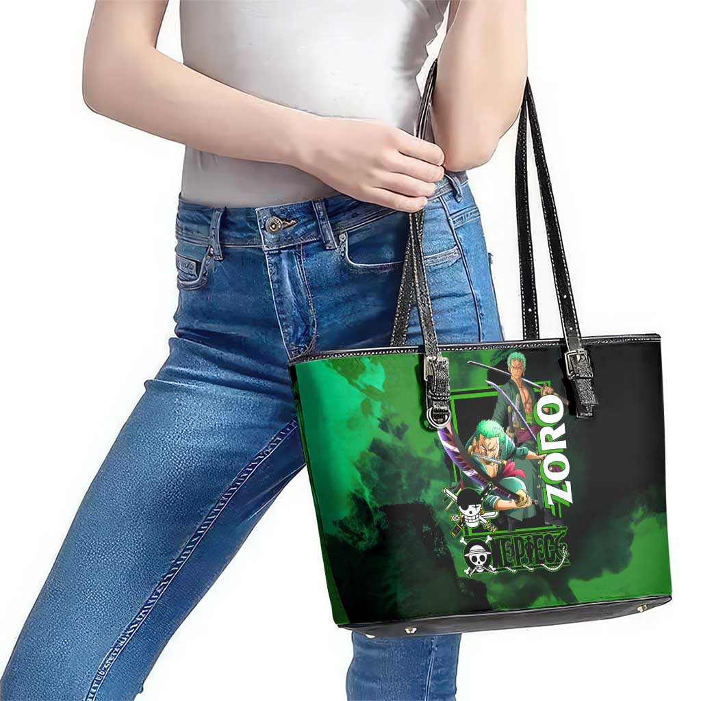 Zoro One Piece Green Theme Leather Tote Bag with Swordsman Pose and Three Sword Style Design - The Mazicc