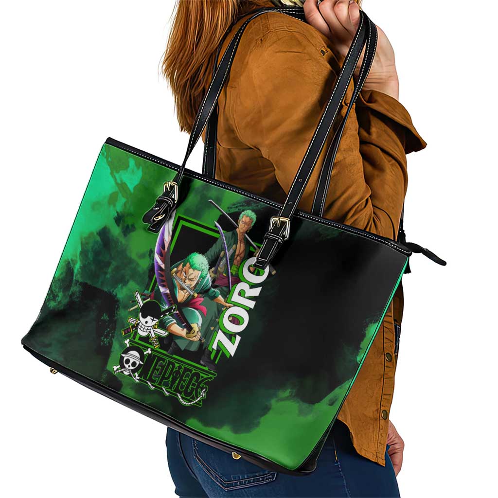 Zoro One Piece Green Theme Leather Tote Bag with Swordsman Pose and Three Sword Style Design - The Mazicc