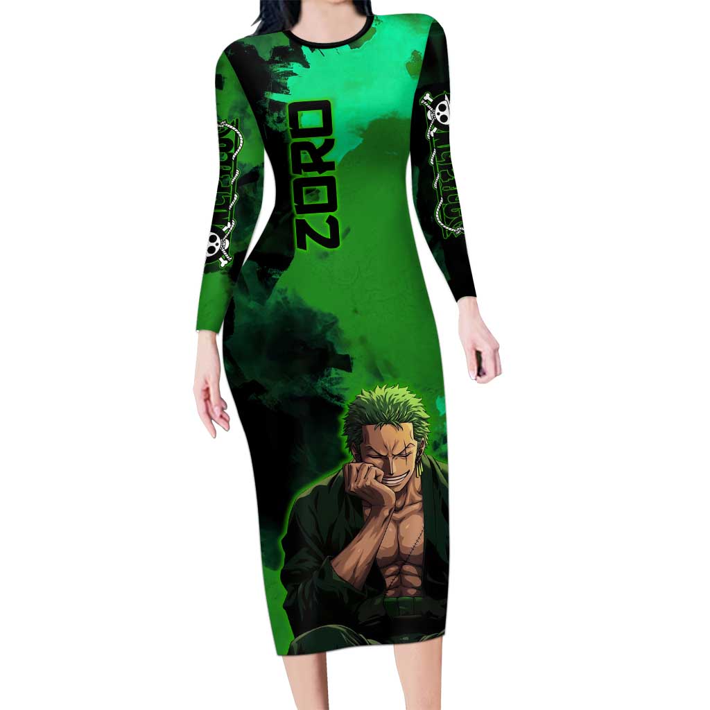 Zoro One Piece Green Theme Long Sleeve Bodycon Dress with Swordsman Pose and Three Sword Style Design - The Mazicc