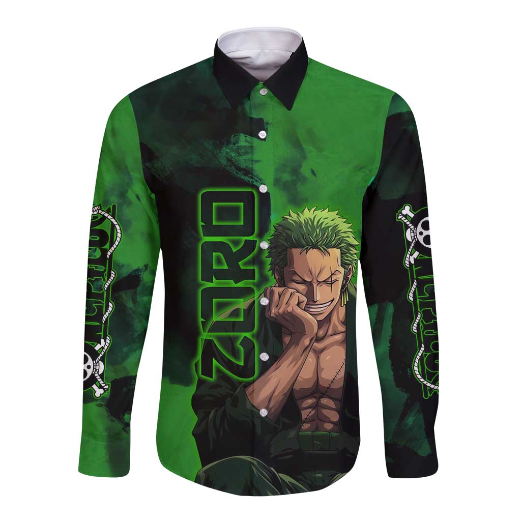 Zoro One Piece Green Theme Long Sleeve Button Shirt with Swordsman Pose and Three Sword Style Design - The Mazicc