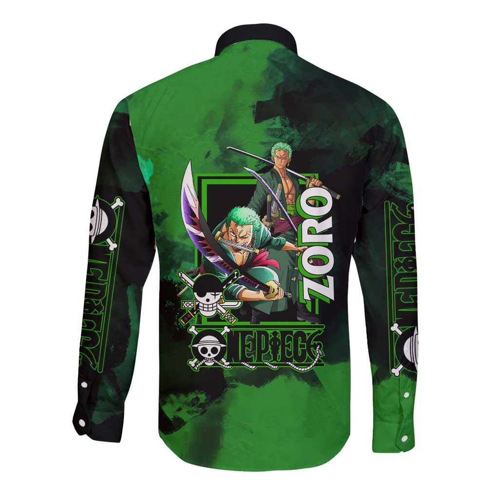 Zoro One Piece Green Theme Long Sleeve Button Shirt with Swordsman Pose and Three Sword Style Design - The Mazicc