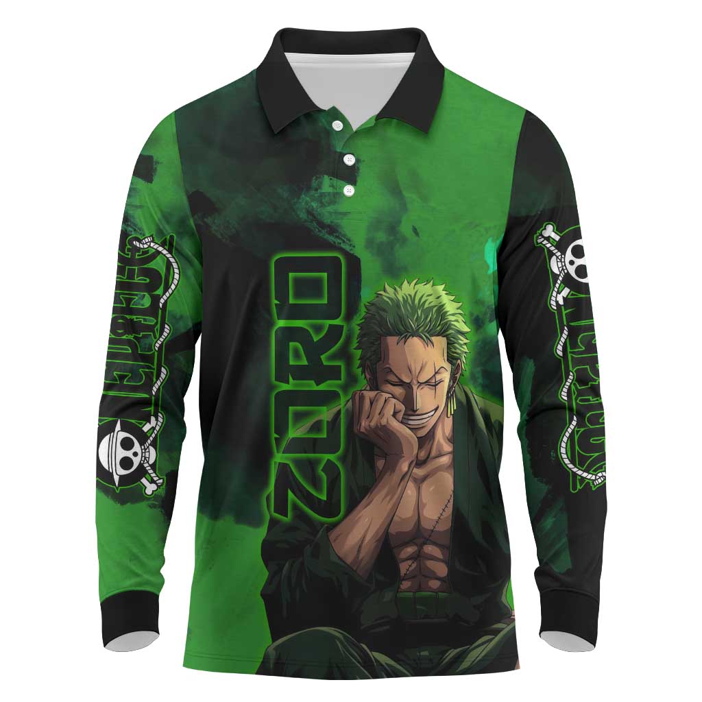 Zoro One Piece Green Theme Long Sleeve Polo Shirt with Swordsman Pose and Three Sword Style Design - The Mazicc