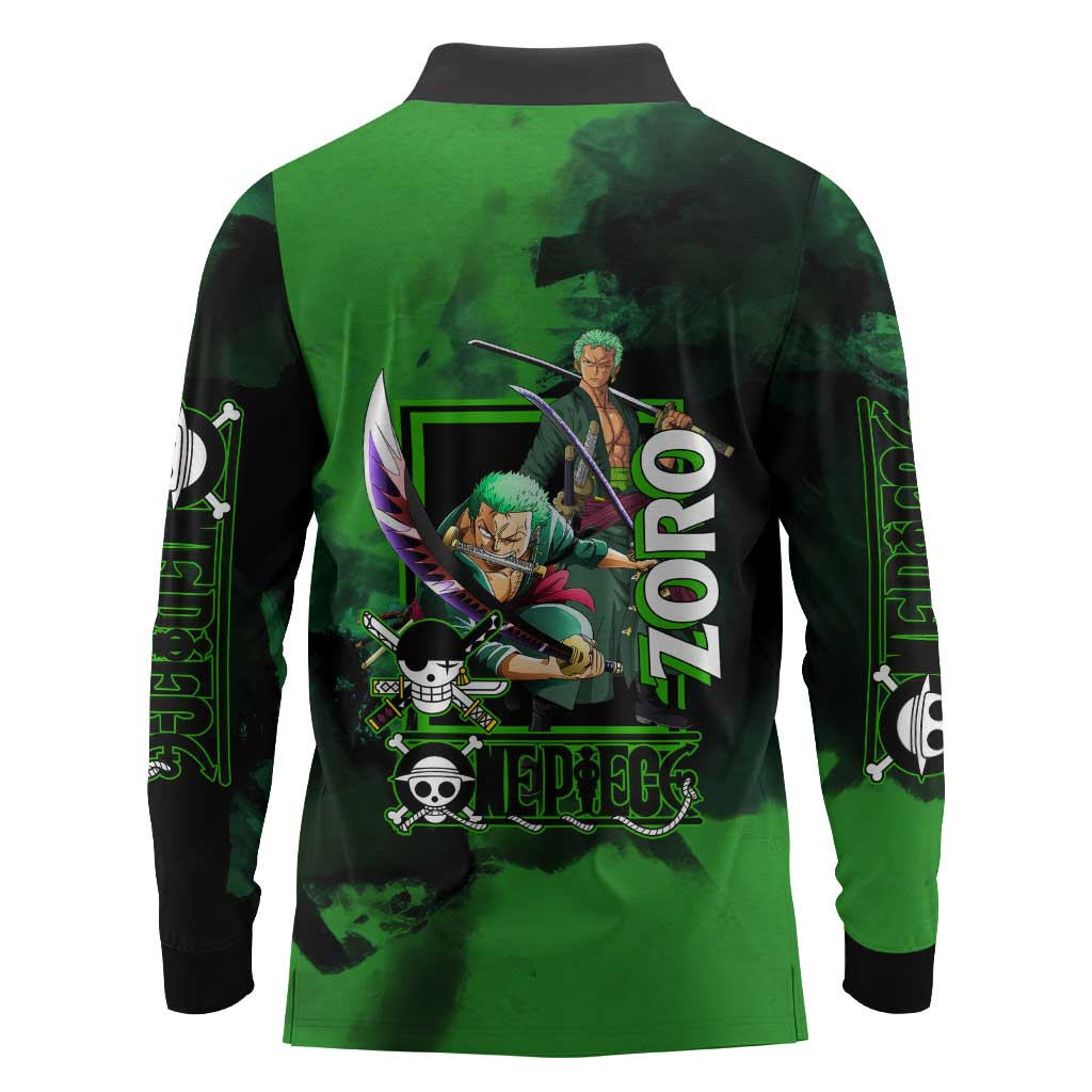 Zoro One Piece Green Theme Long Sleeve Polo Shirt with Swordsman Pose and Three Sword Style Design - The Mazicc
