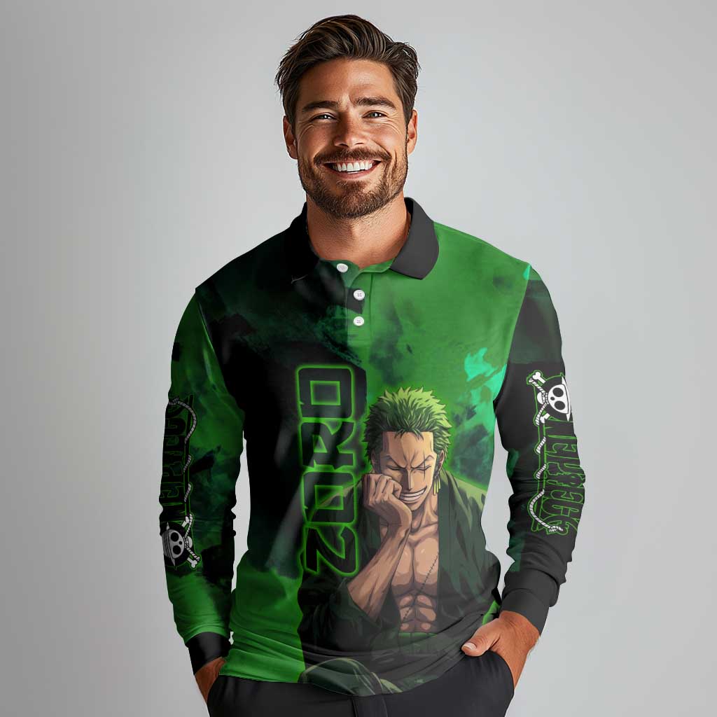 Zoro One Piece Green Theme Long Sleeve Polo Shirt with Swordsman Pose and Three Sword Style Design - The Mazicc