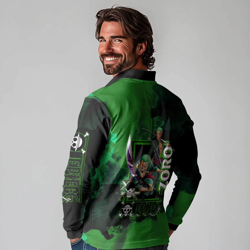 Zoro One Piece Green Theme Long Sleeve Polo Shirt with Swordsman Pose and Three Sword Style Design - The Mazicc