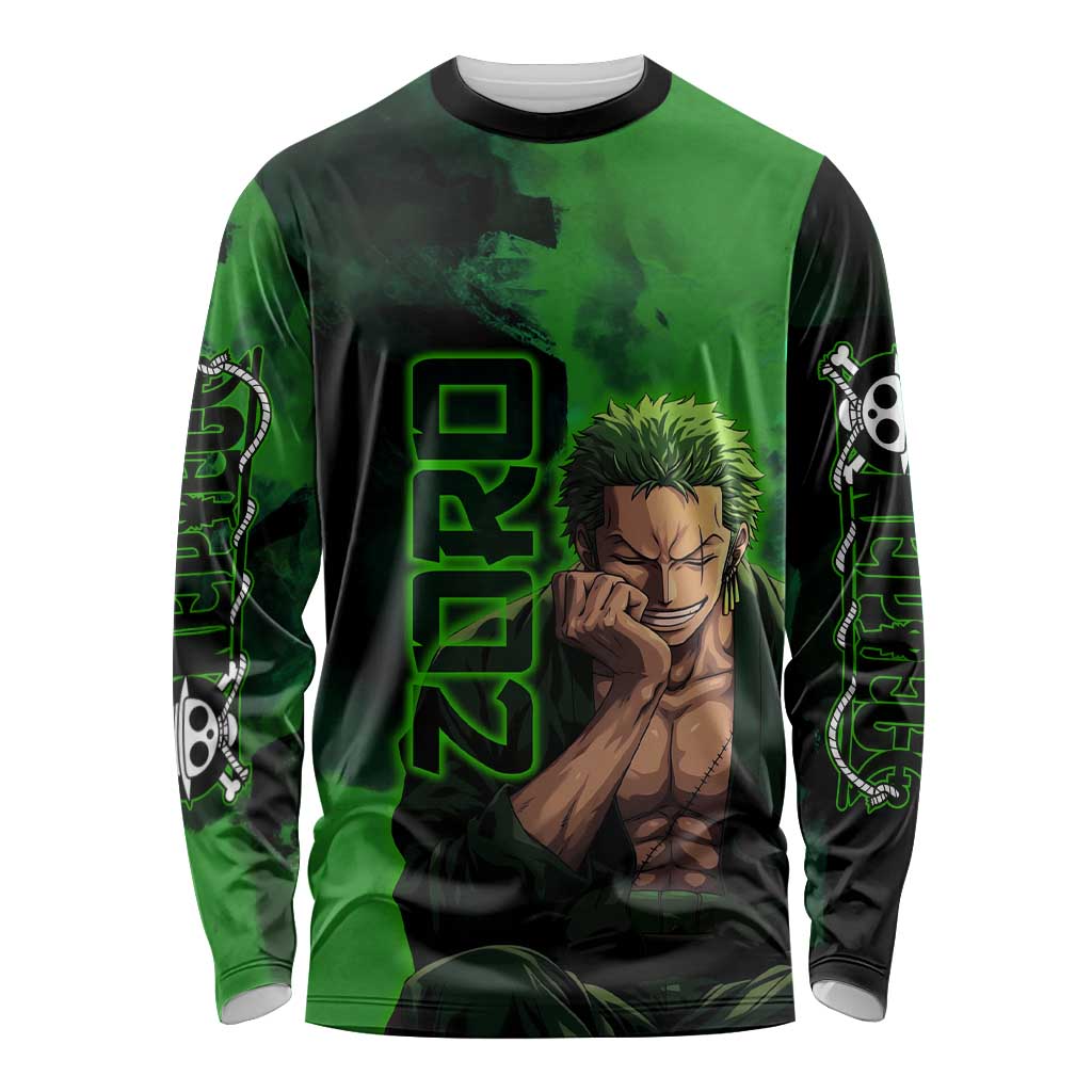 Zoro One Piece Green Theme Long Sleeve Shirt with Swordsman Pose and Three Sword Style Design - The Mazicc
