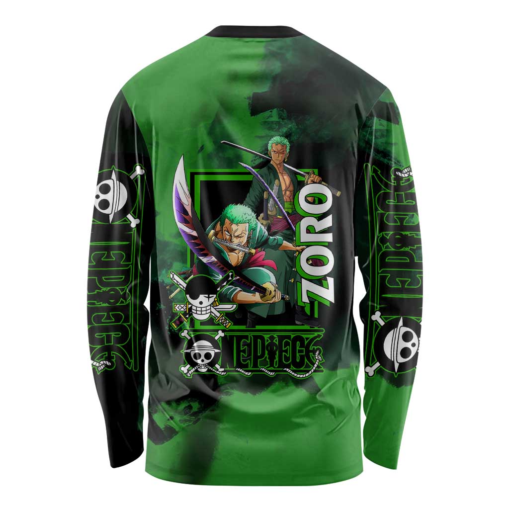 Zoro One Piece Green Theme Long Sleeve Shirt with Swordsman Pose and Three Sword Style Design - The Mazicc