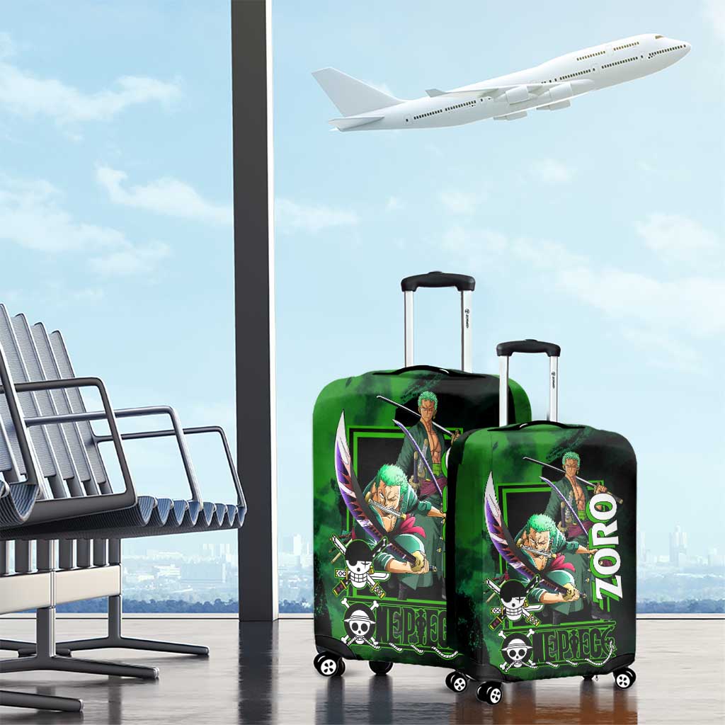 Zoro One Piece Green Theme Luggage Cover with Swordsman Pose and Three Sword Style Design - The Mazicc
